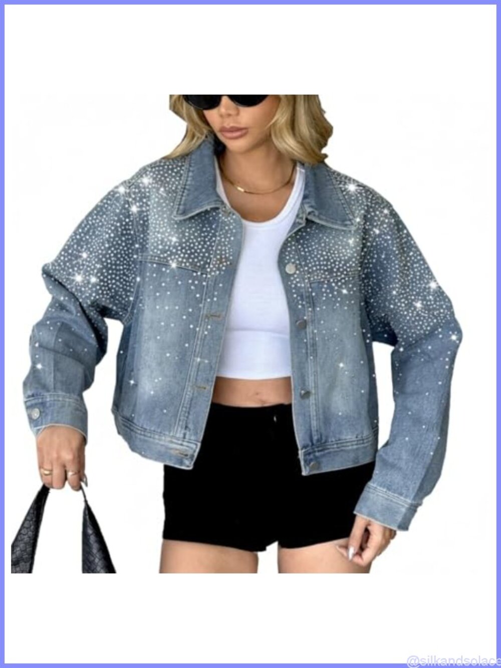 Rhinestone Denim Jacket Crop Button Down Boyfriend Jean Jacket Sparkle Glitter